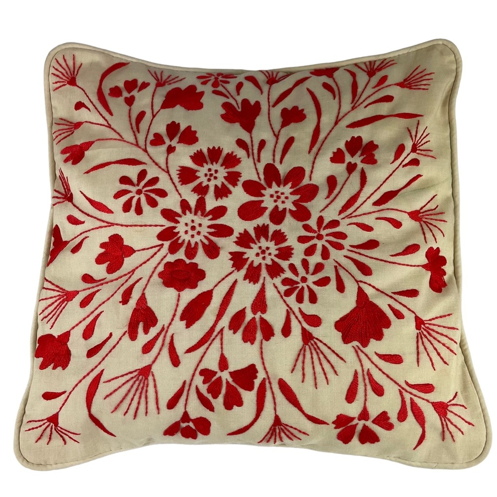 Vintage Floral Embroidered Square Accent Pillow Cream Red Small Couch Chair 14”